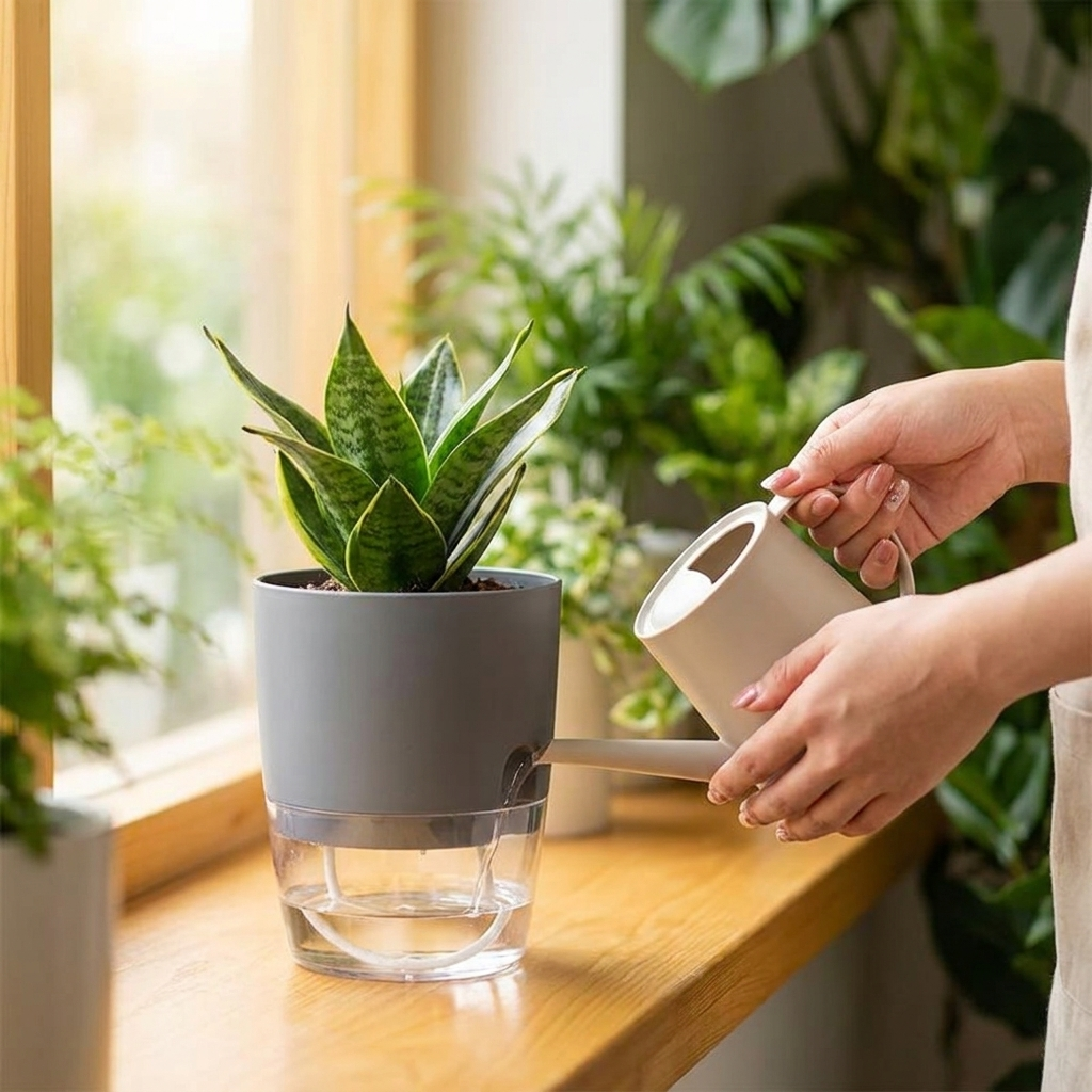 Hand watering the transparent self-watering flower pot on a windowsill
