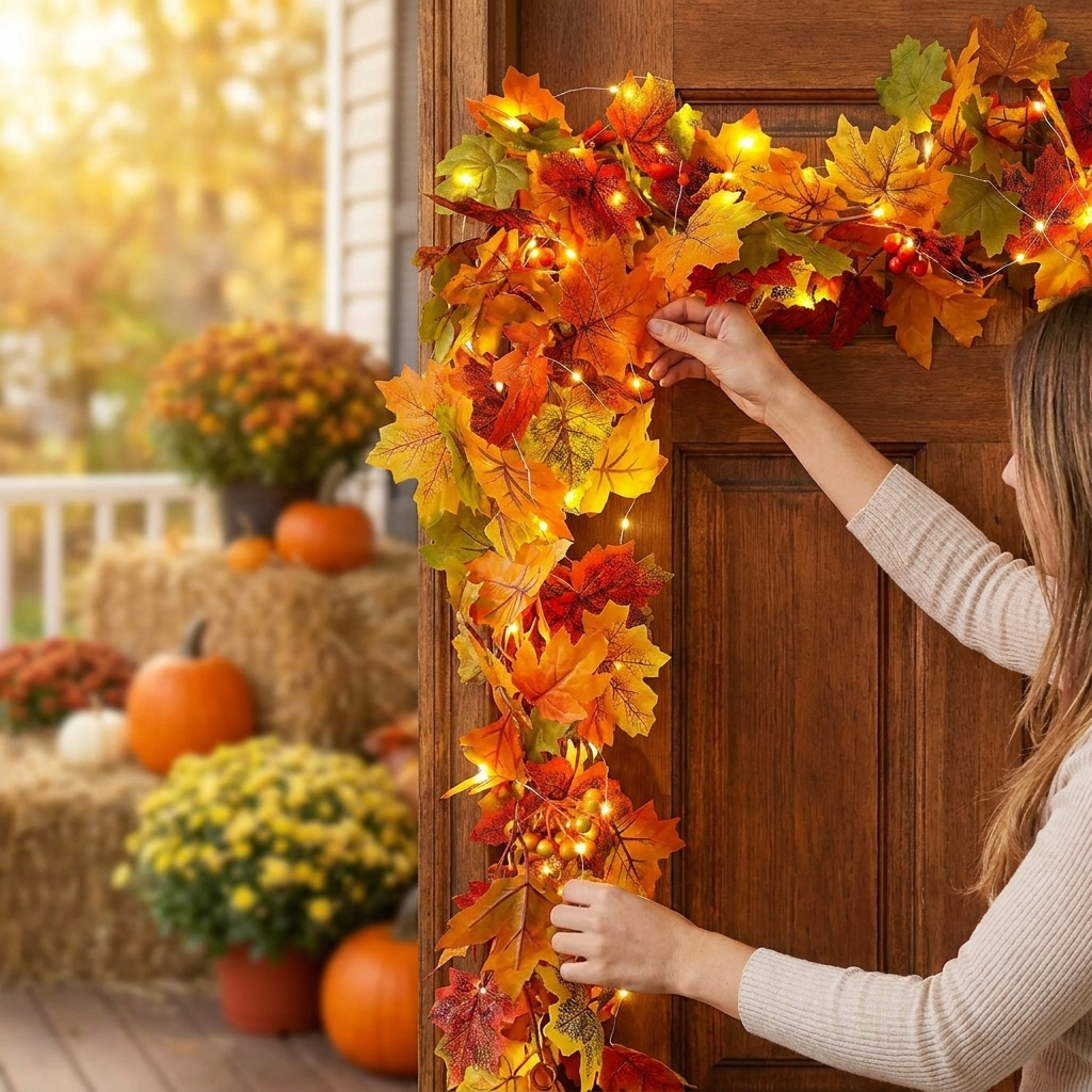 Draping an autumn maple leaf garland over a door frame