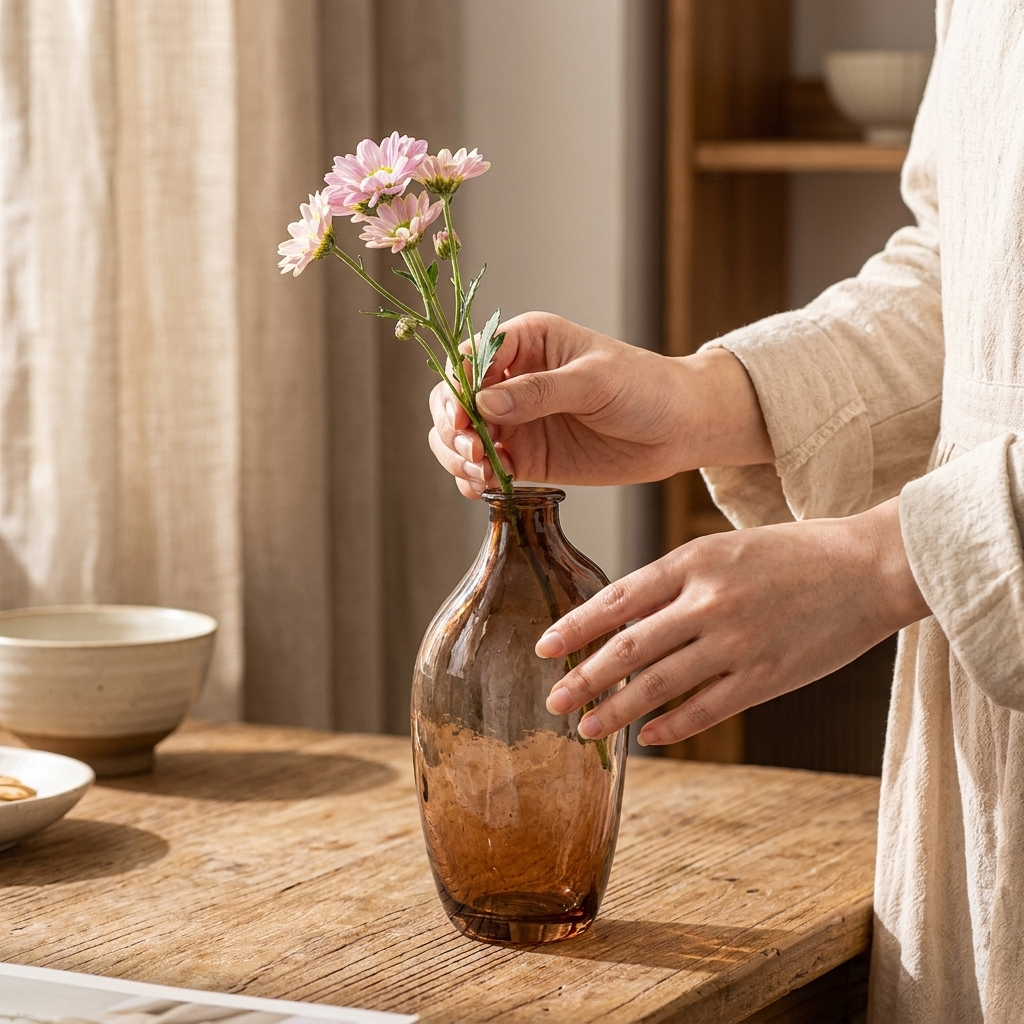 Placing flowers into a brown retro glass vase on a desk