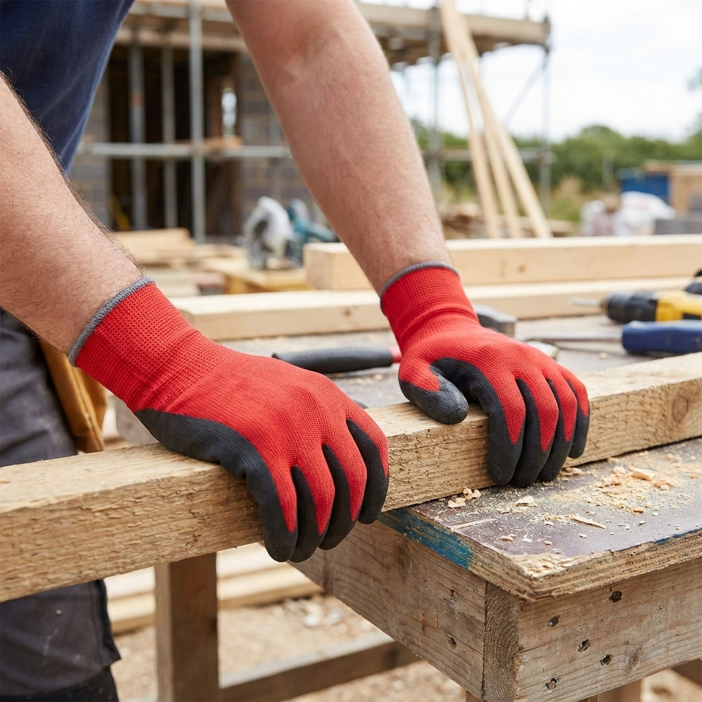 Worker wearing protective nylon coated work gloves on site