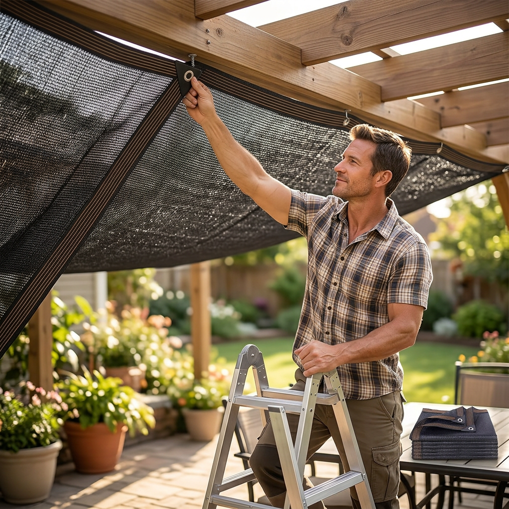 Shade cloth being fitted over a backyard pergola