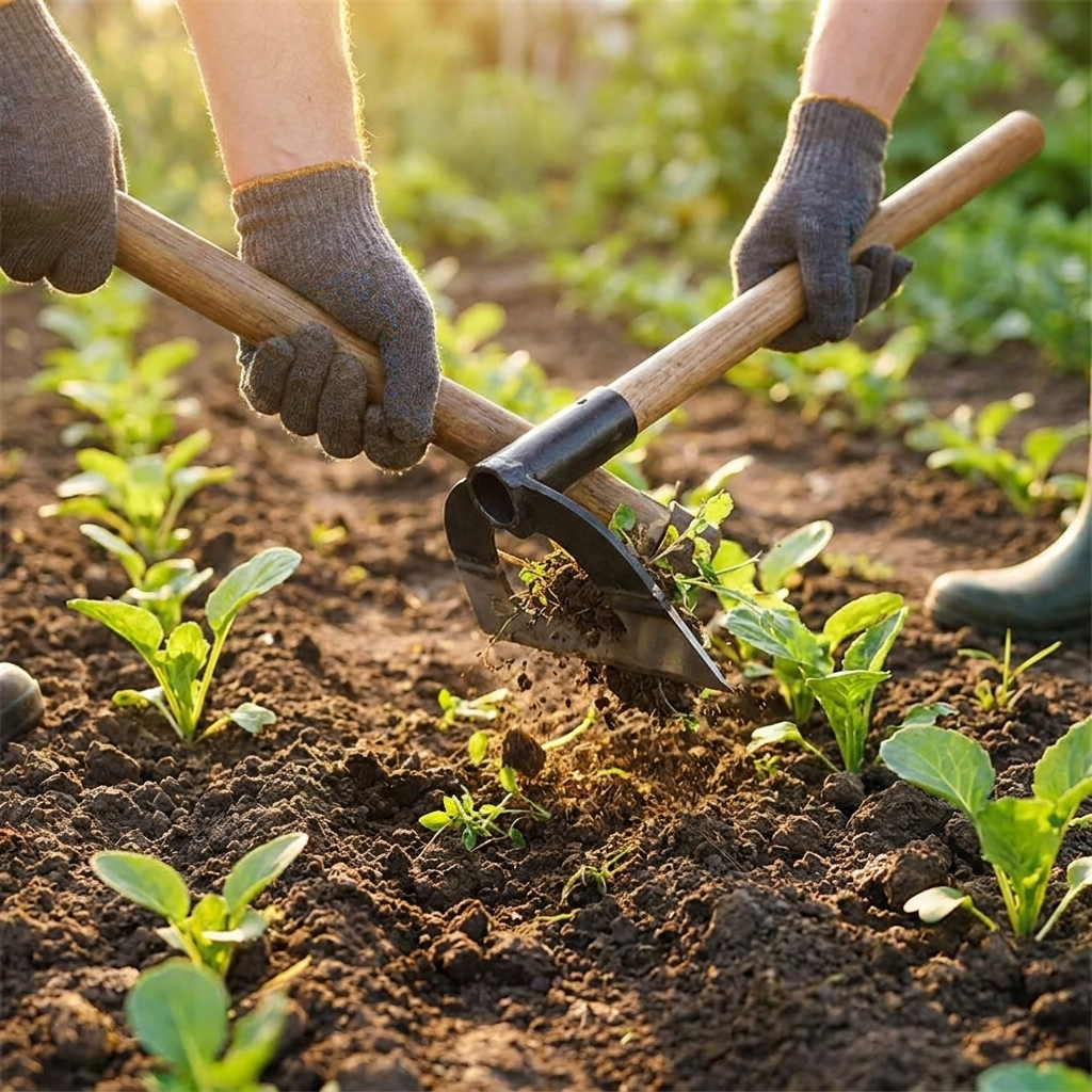 Gardener using the weeding hoe in a vegetable garden
