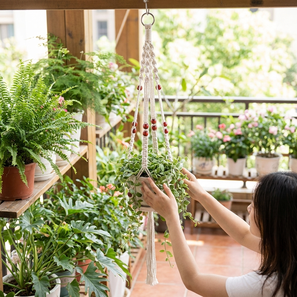 Macrame plant hanger holding a potted plant on a balcony