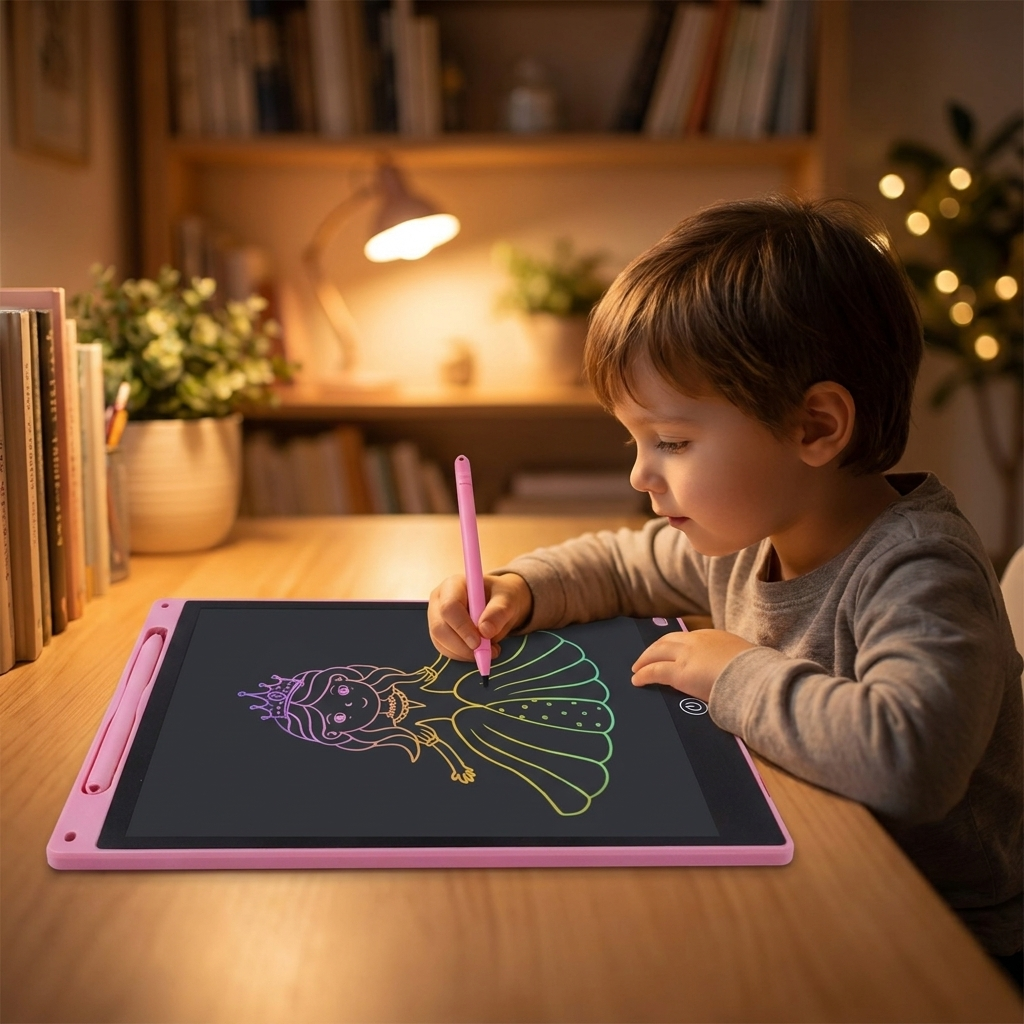 Child drawing on the LCD writing tablet at a desk