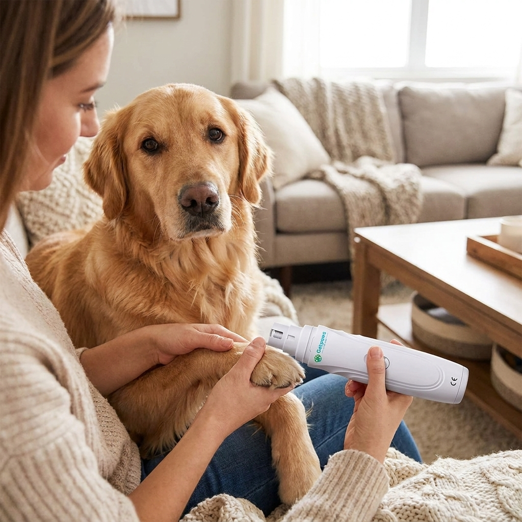 Woman grinding a dog's nails with the electric pet nail grinder