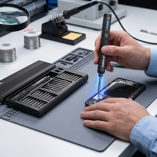 Technician repairing a phone with the precision electric screwdriver set