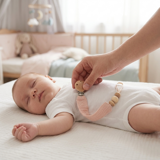 Cotton pacifier clip chain attached to a baby's onesie
