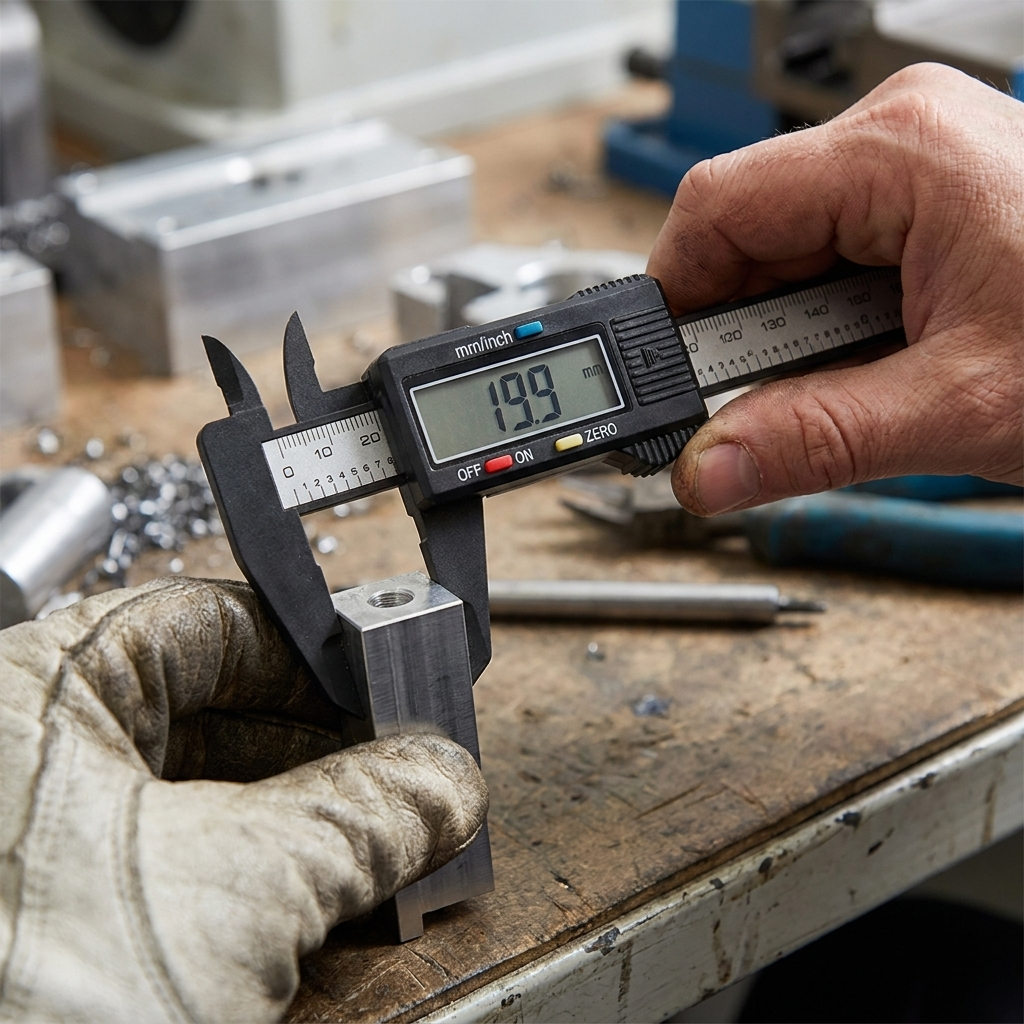 Hands measuring a metal part with the digital caliper