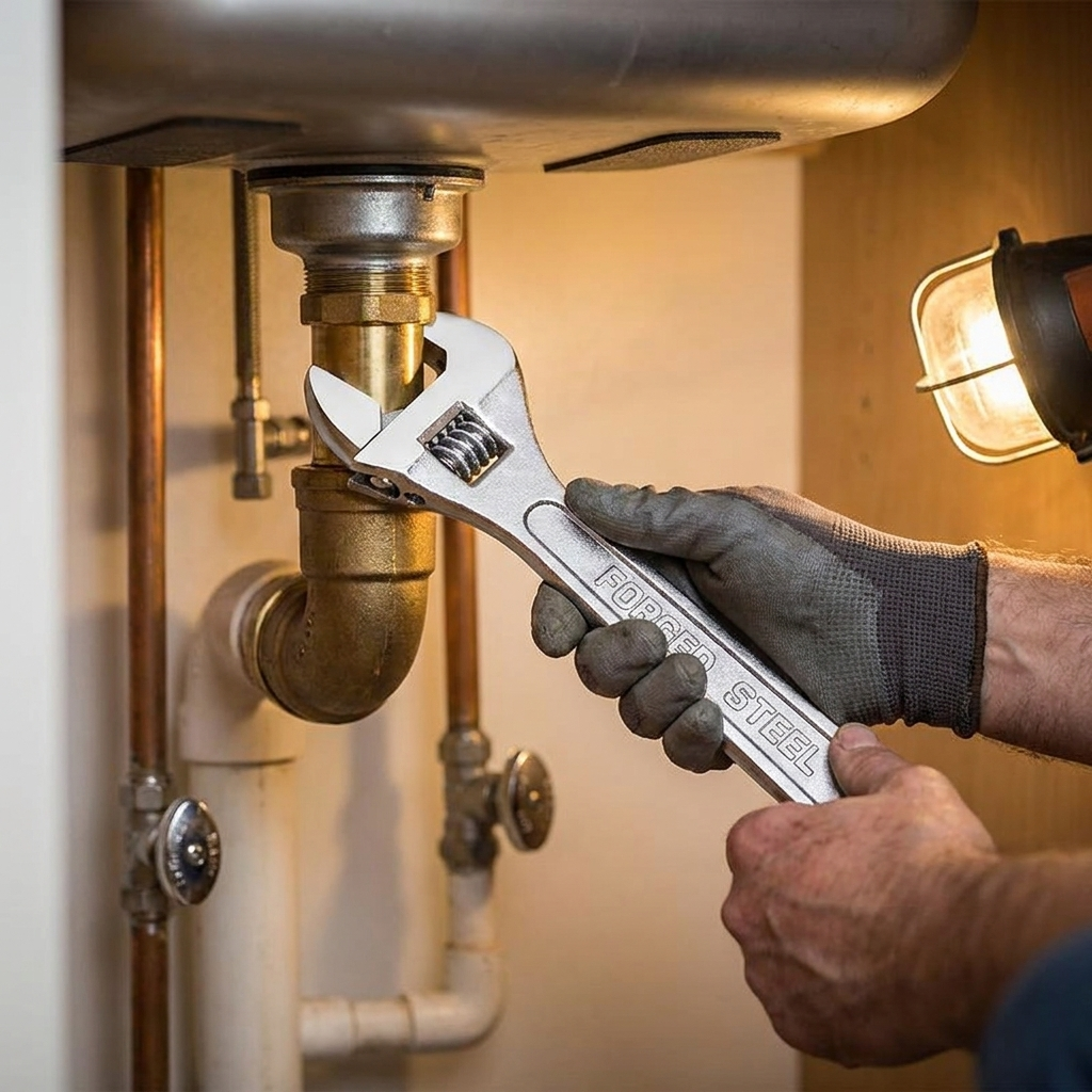 Plumber tightening a pipe fitting with the long-handle adjustable wrench