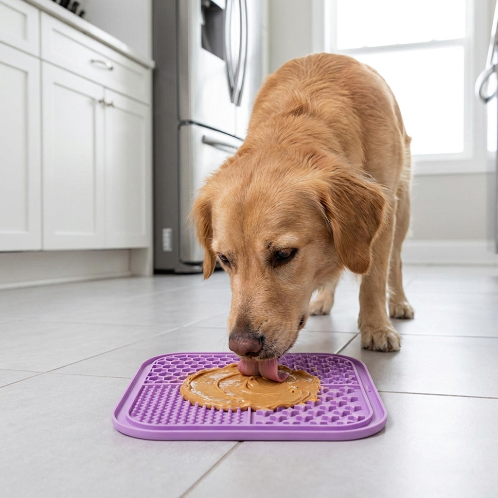 Dog licking treats from the silicone lick mat