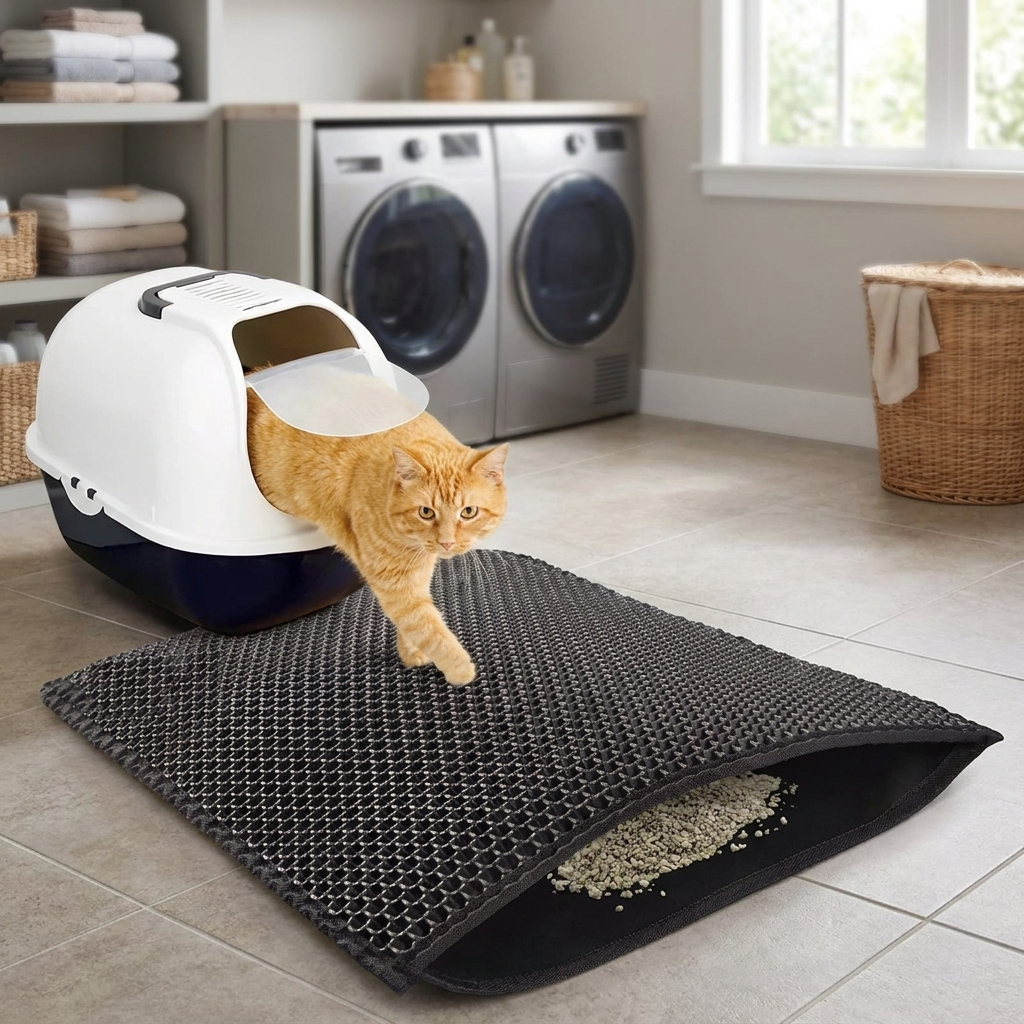 Cat stepping onto the waterproof litter trapping mat