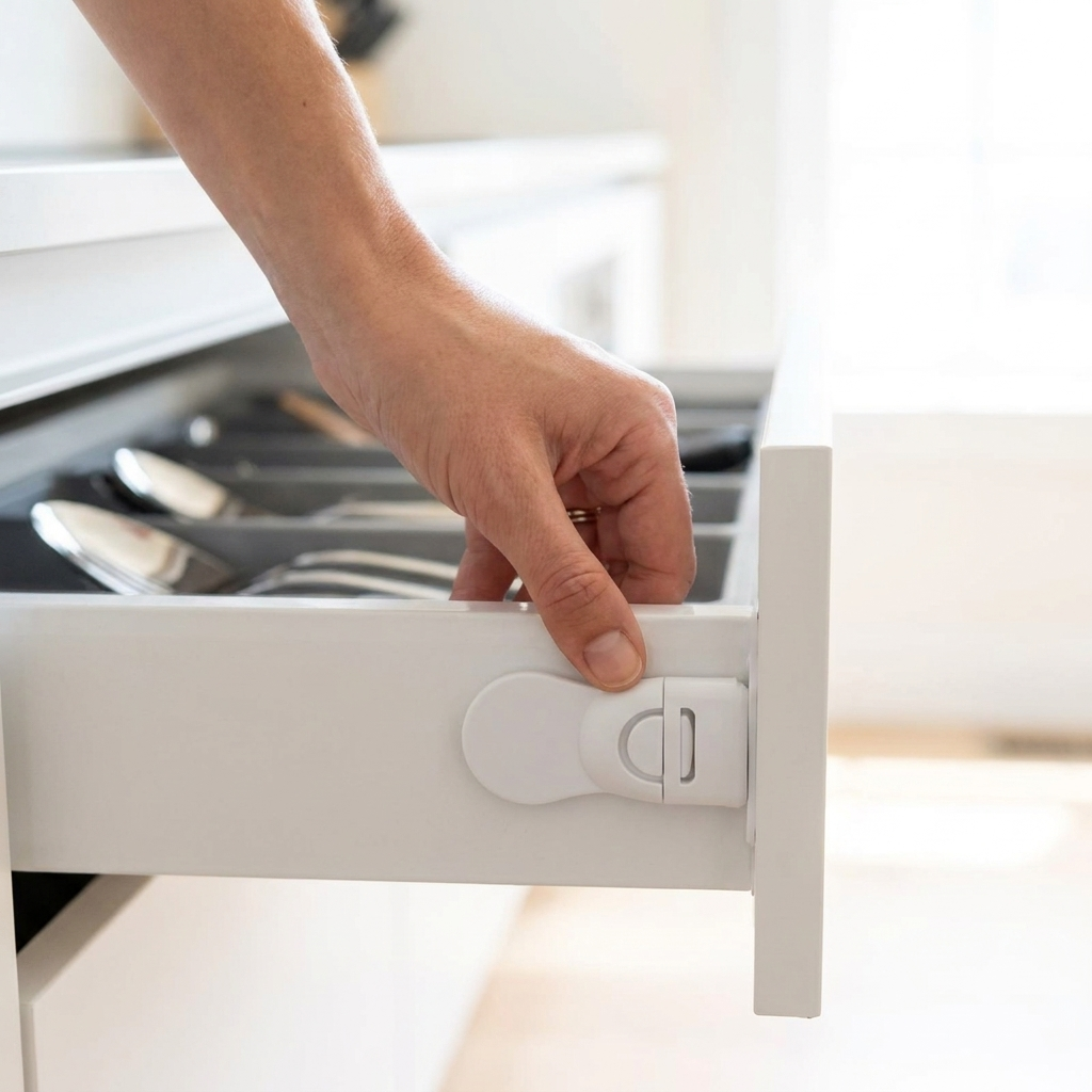 Baby safety latch securing a kitchen drawer