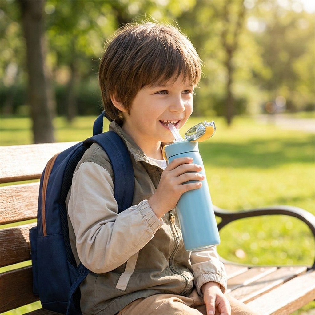 Child drinking from the stainless steel straw thermos bottle