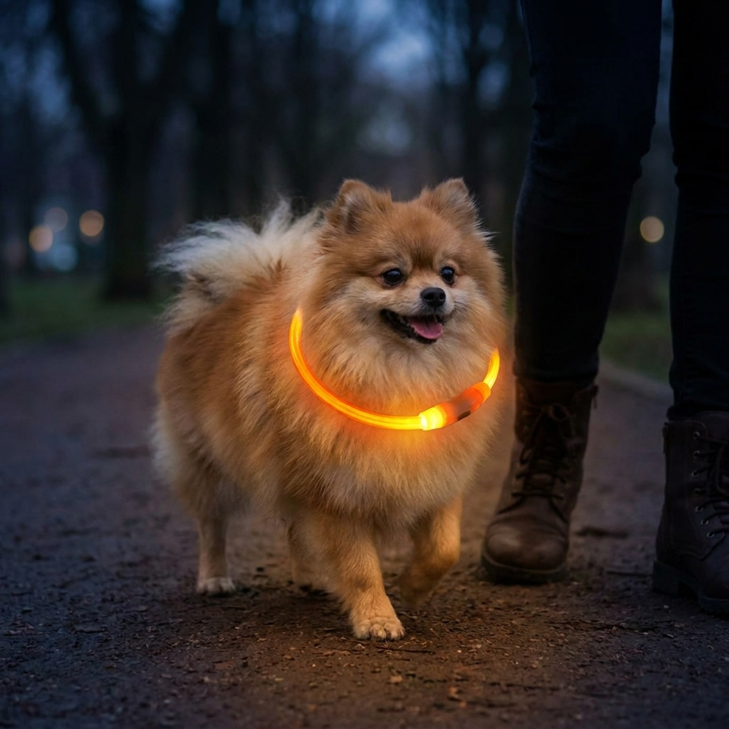 Dog wearing the glowing fiber optic collar on an evening walk