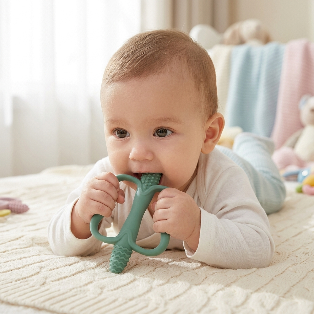 Baby chewing the corn shaped silicone teether