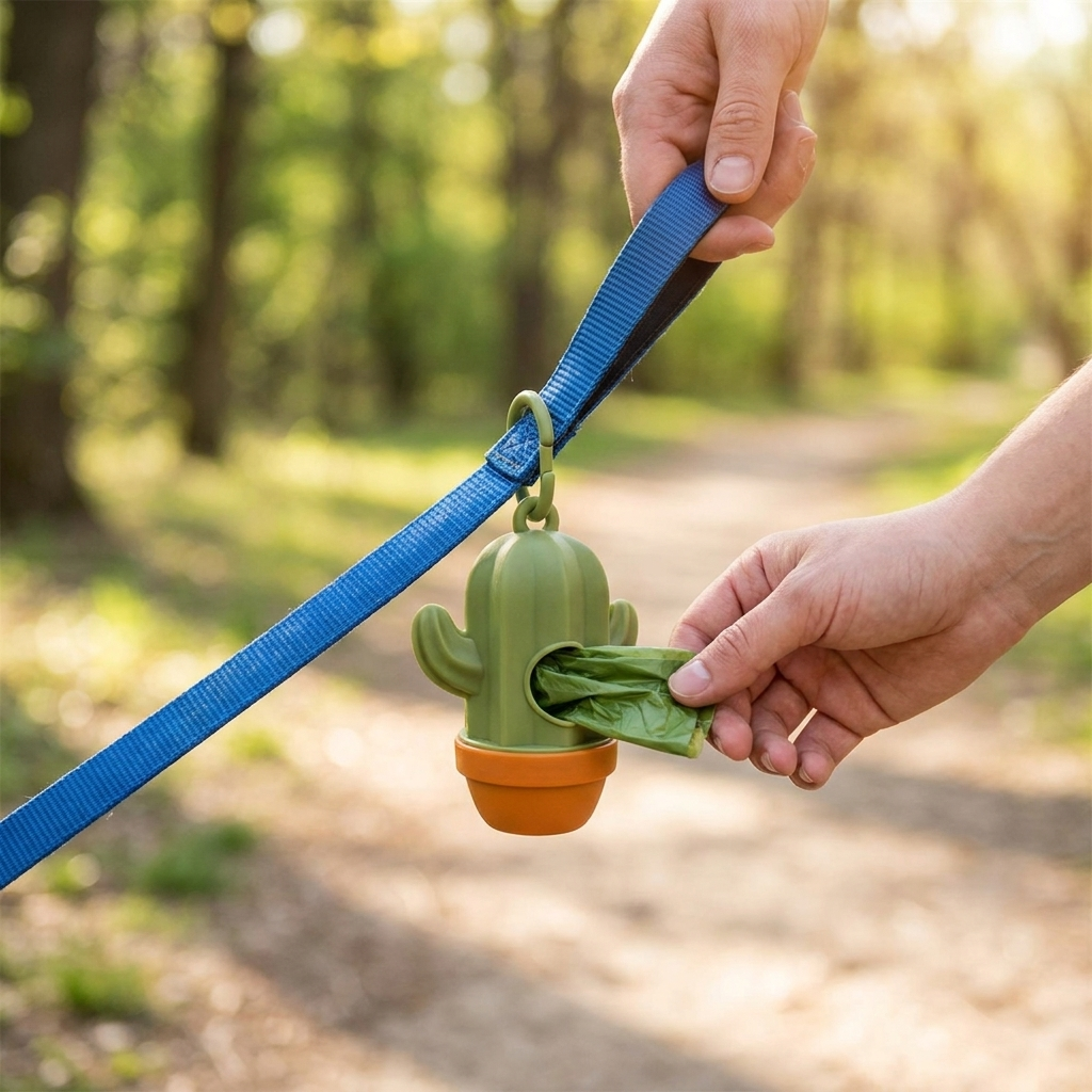 Pulling a bag from the cactus poop bag dispenser on a walk