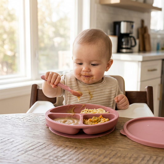 Baby eating from the divided silicone suction plate