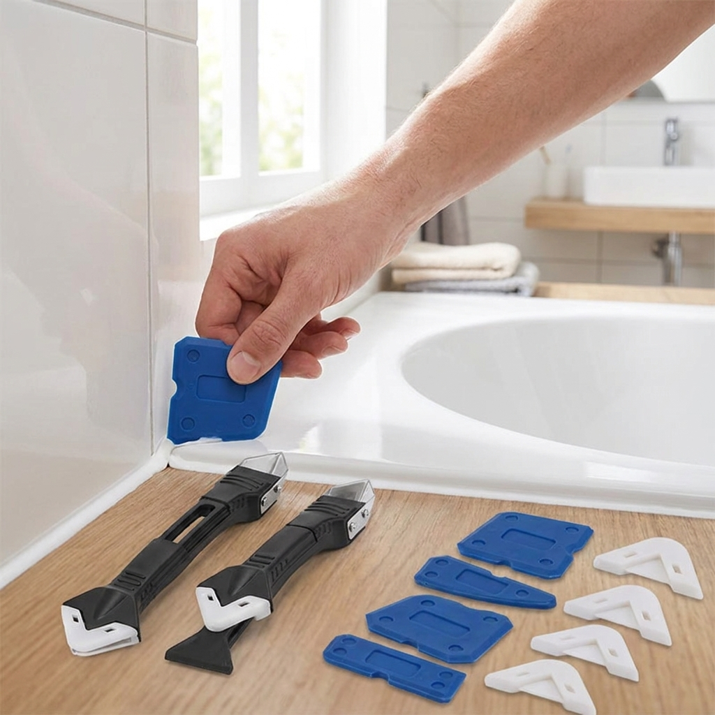 Smoothing a bathtub sealant bead with the silicone caulk scraper set