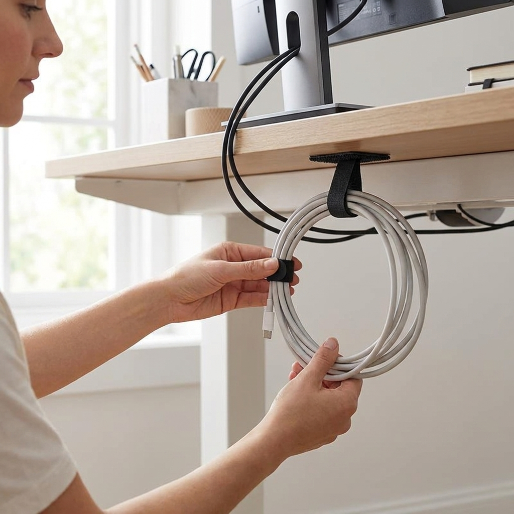 Hands tidying desk cables with the adhesive cable management straps