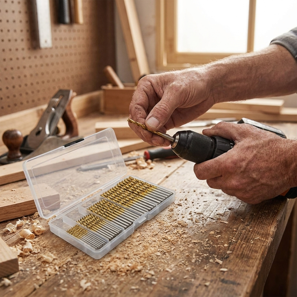 Fitting a titanium twist drill bit into a cordless drill in a workshop