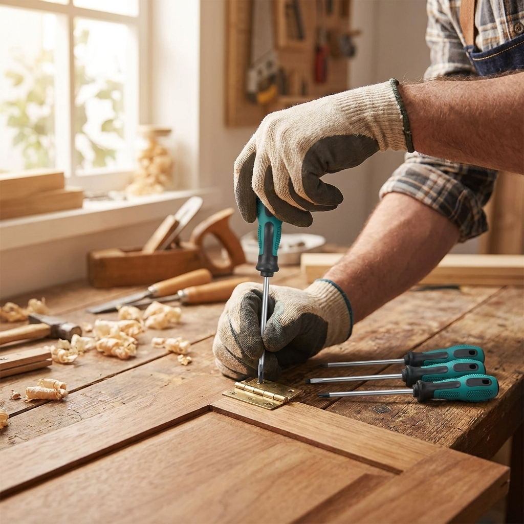 Driving a cabinet hinge screw with an insulated screwdriver from the set