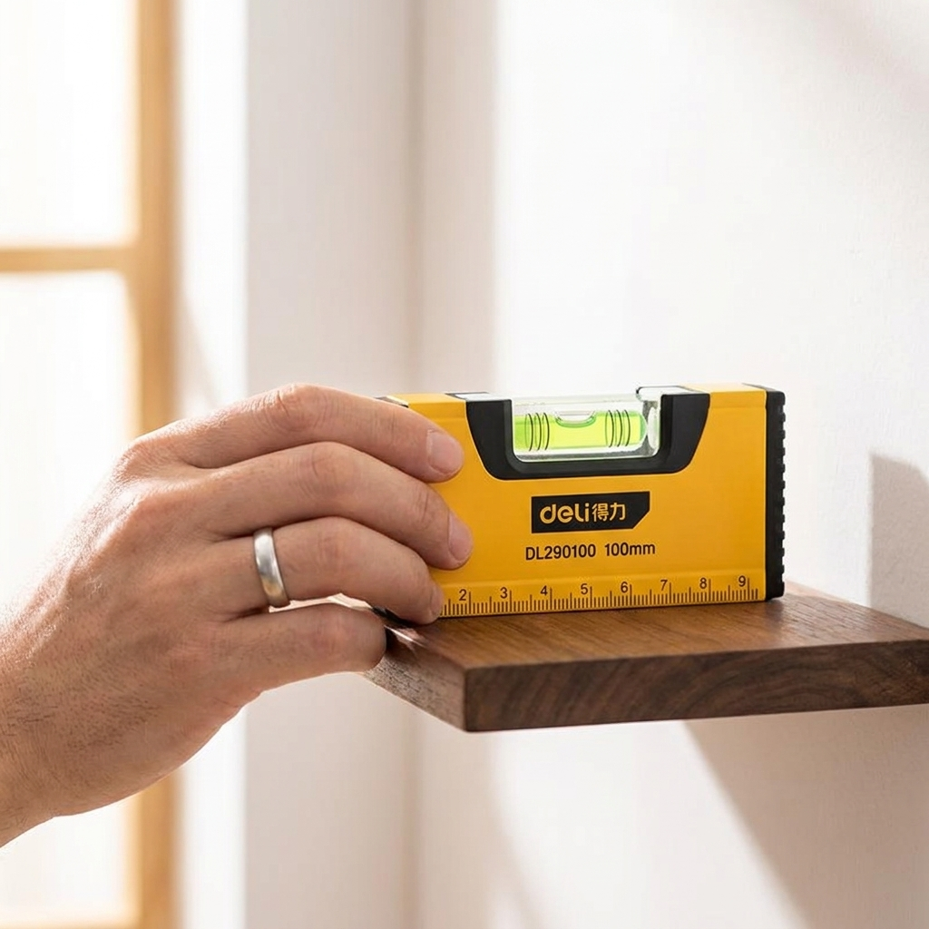 Checking a shelf is level with the magnetic pocket spirit level