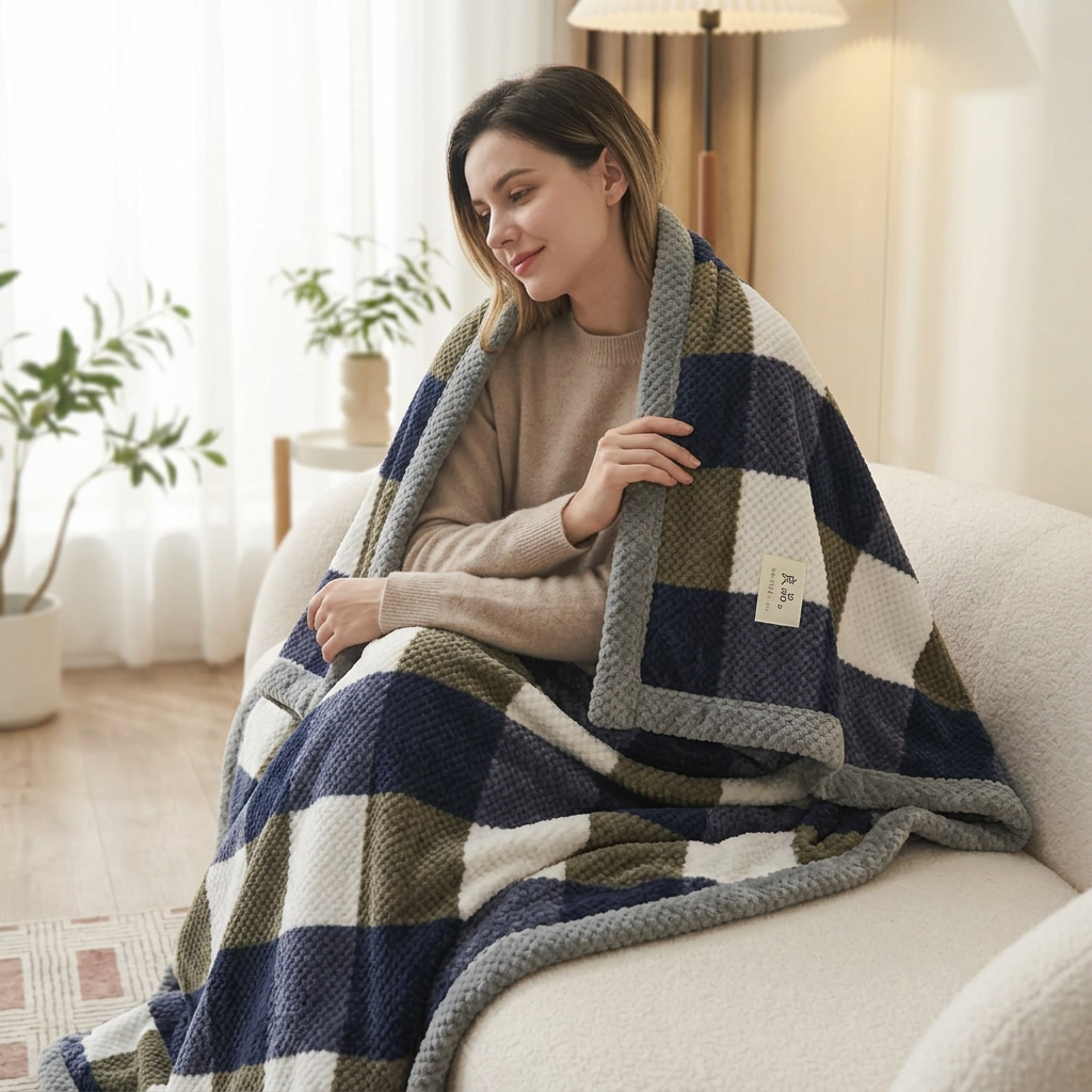 Blue big checkered chenille knit throw blanket draped over shoulders on a sofa