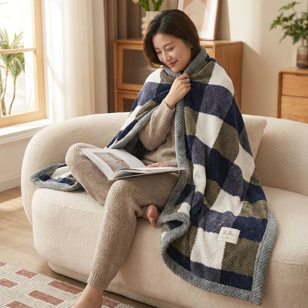 Chenille knit throw blanket gray big checkered lifestyle
