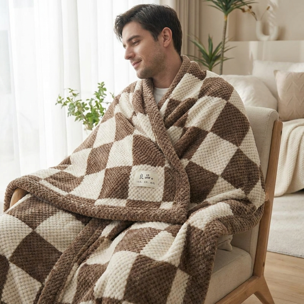 Chenille knit throw blanket coffee small checkered lifestyle
