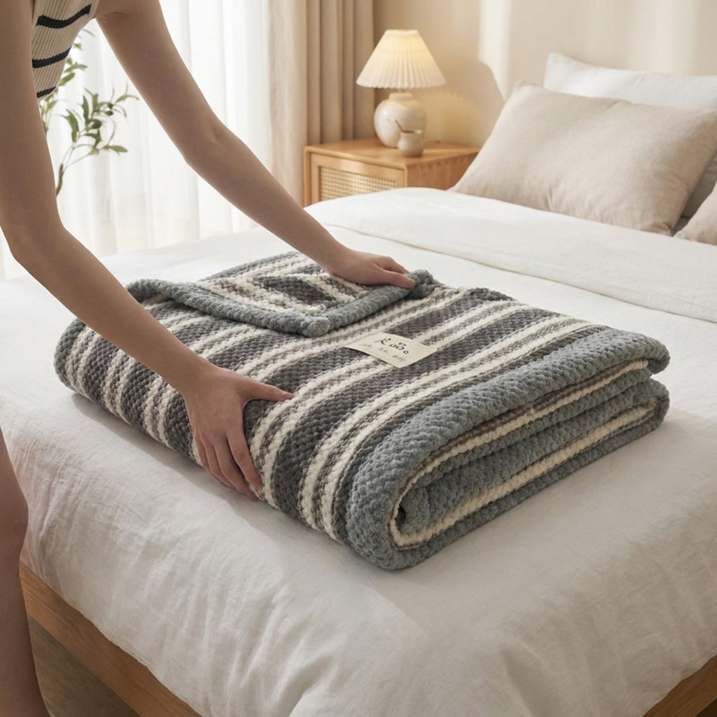 Chenille knit throw blanket gray stripe lifestyle