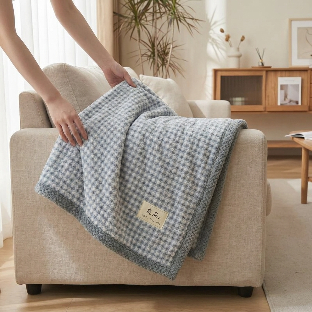 Chenille knit throw blanket blue small checkered lifestyle