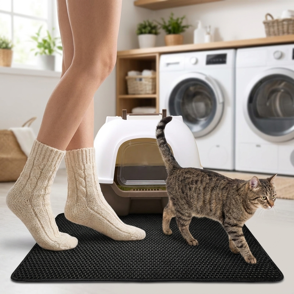 Black cat litter mat in use