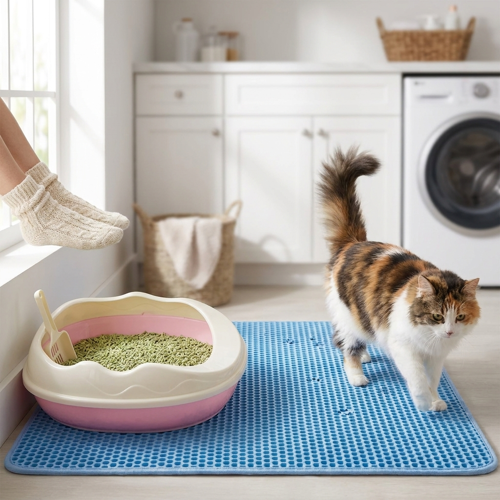 Blue cat litter mat in use