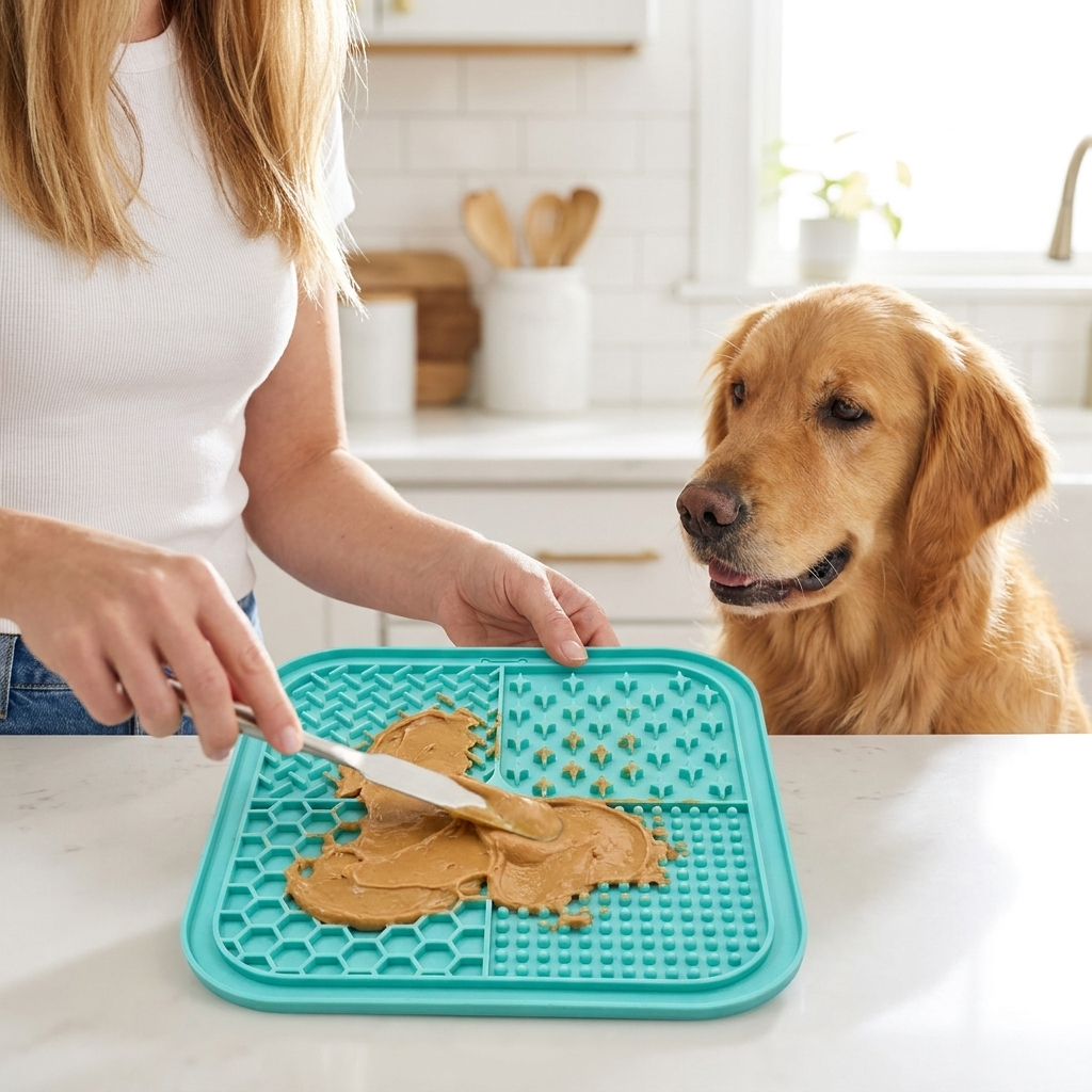 Spreading treat on lick mat