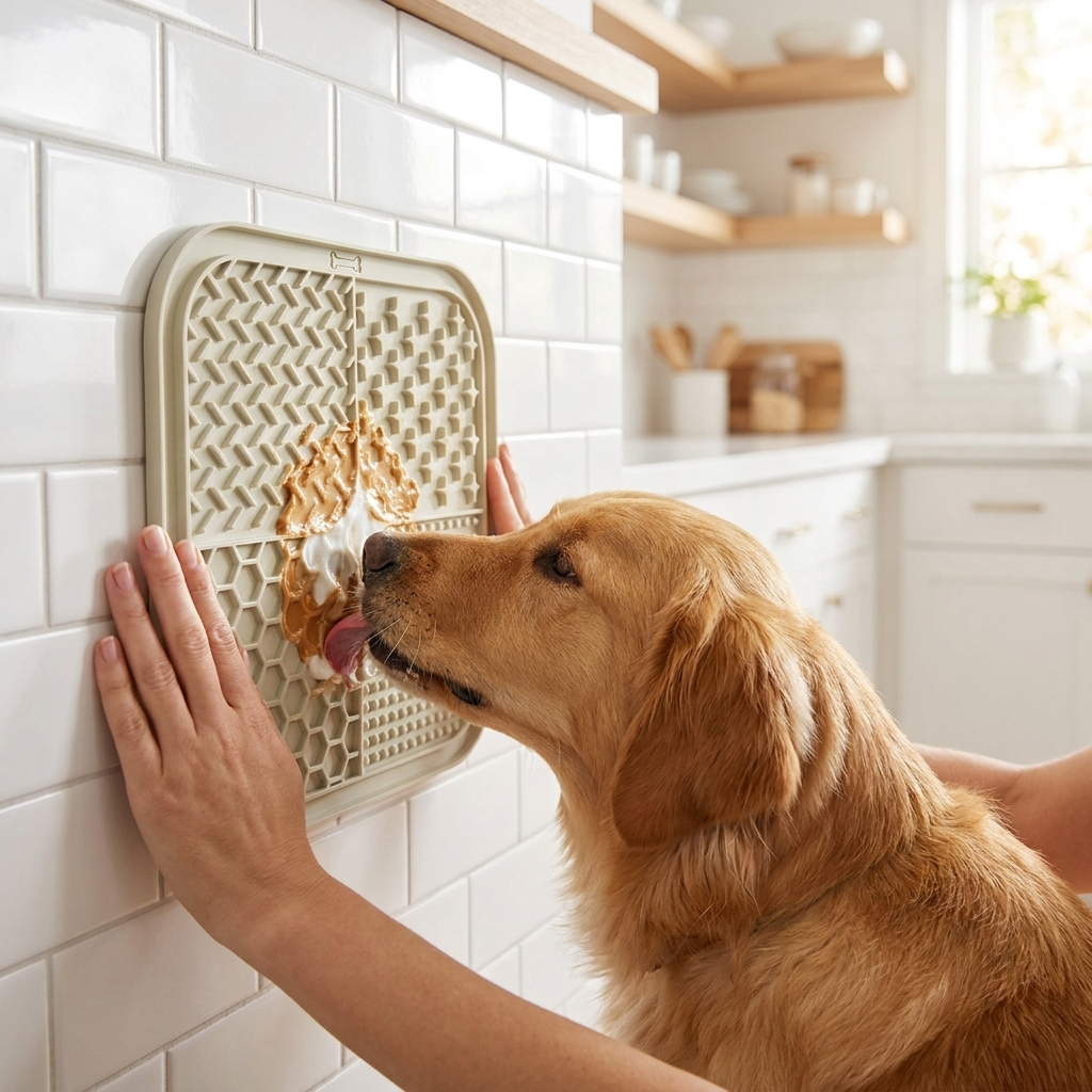 Silicone lick mat in use