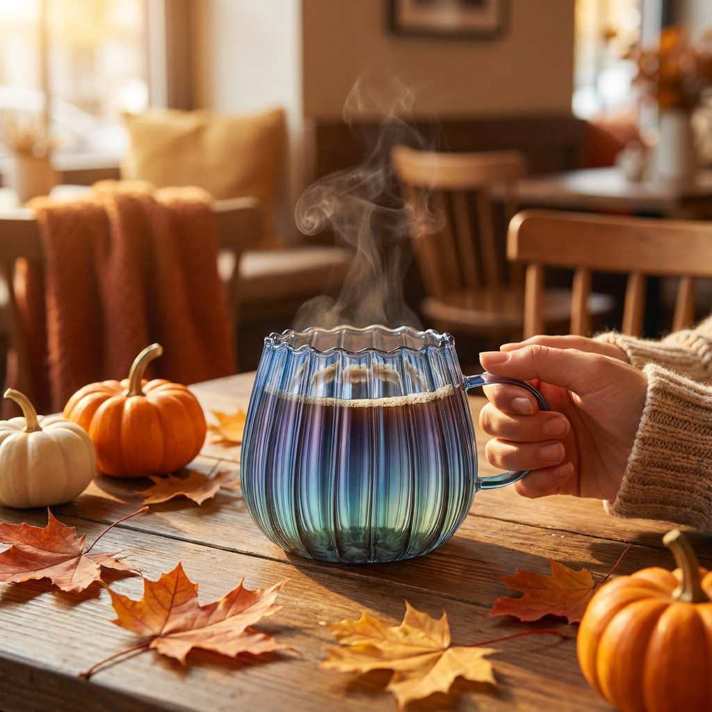Colorful striped glass pumpkin mug lifestyle