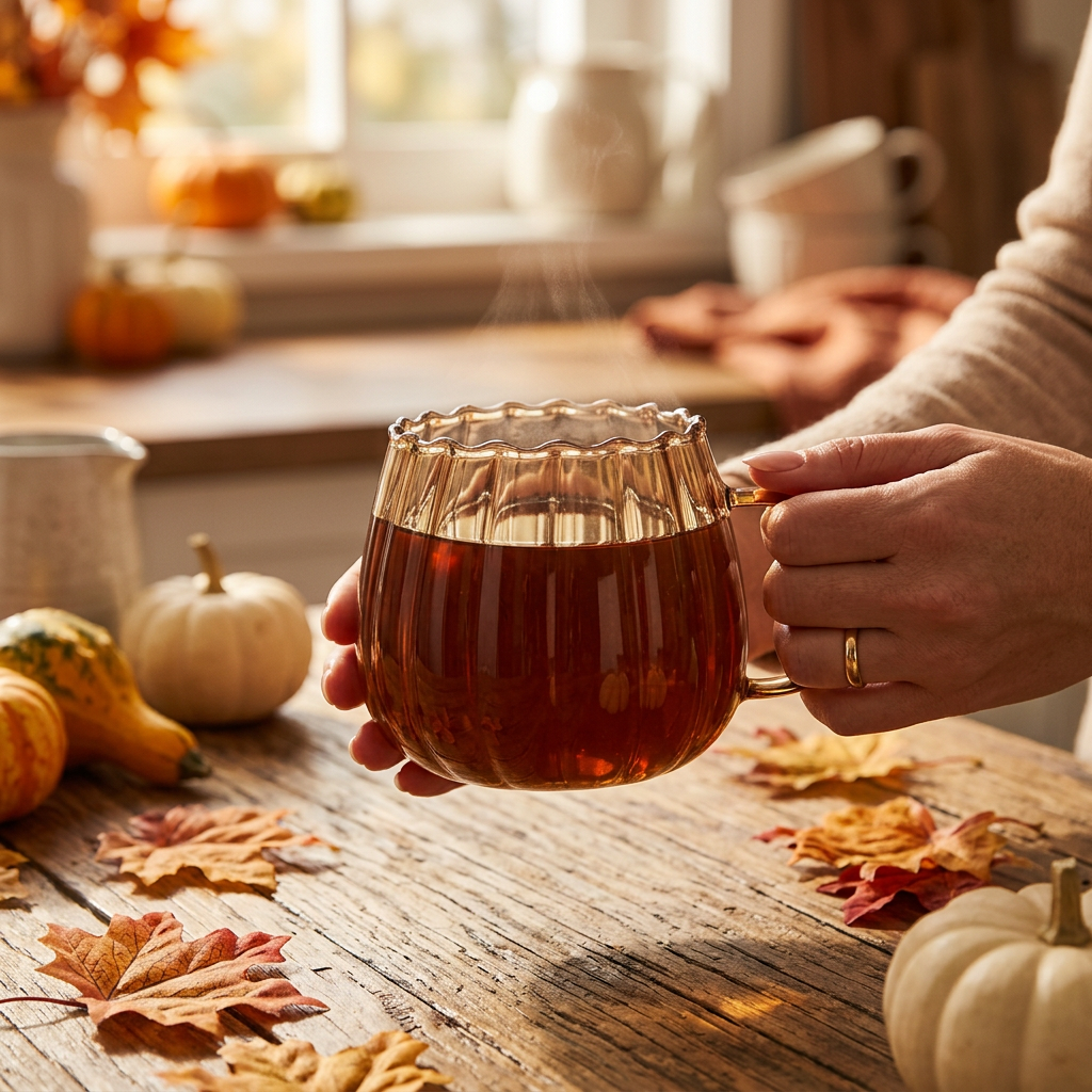 Golden striped glass pumpkin mug lifestyle