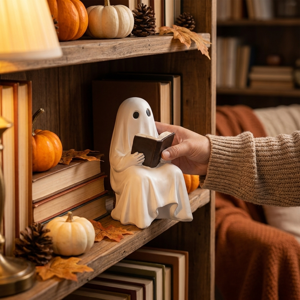 White resin reading ghost statue lifestyle