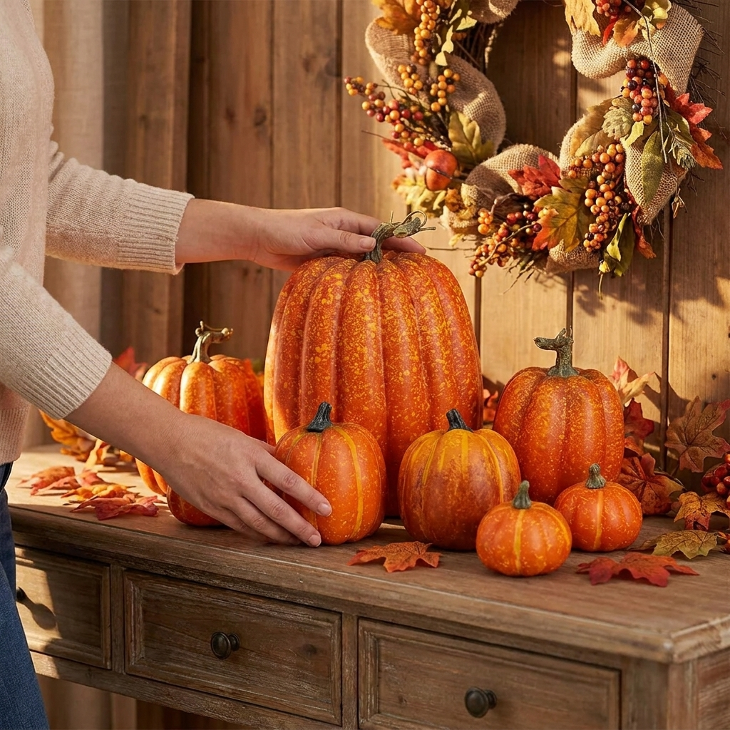 Orange artificial pumpkins 7 pack lifestyle