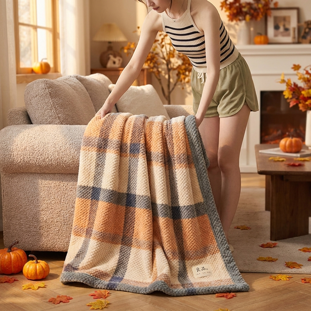 Orange big checkered chenille knit throw lifestyle