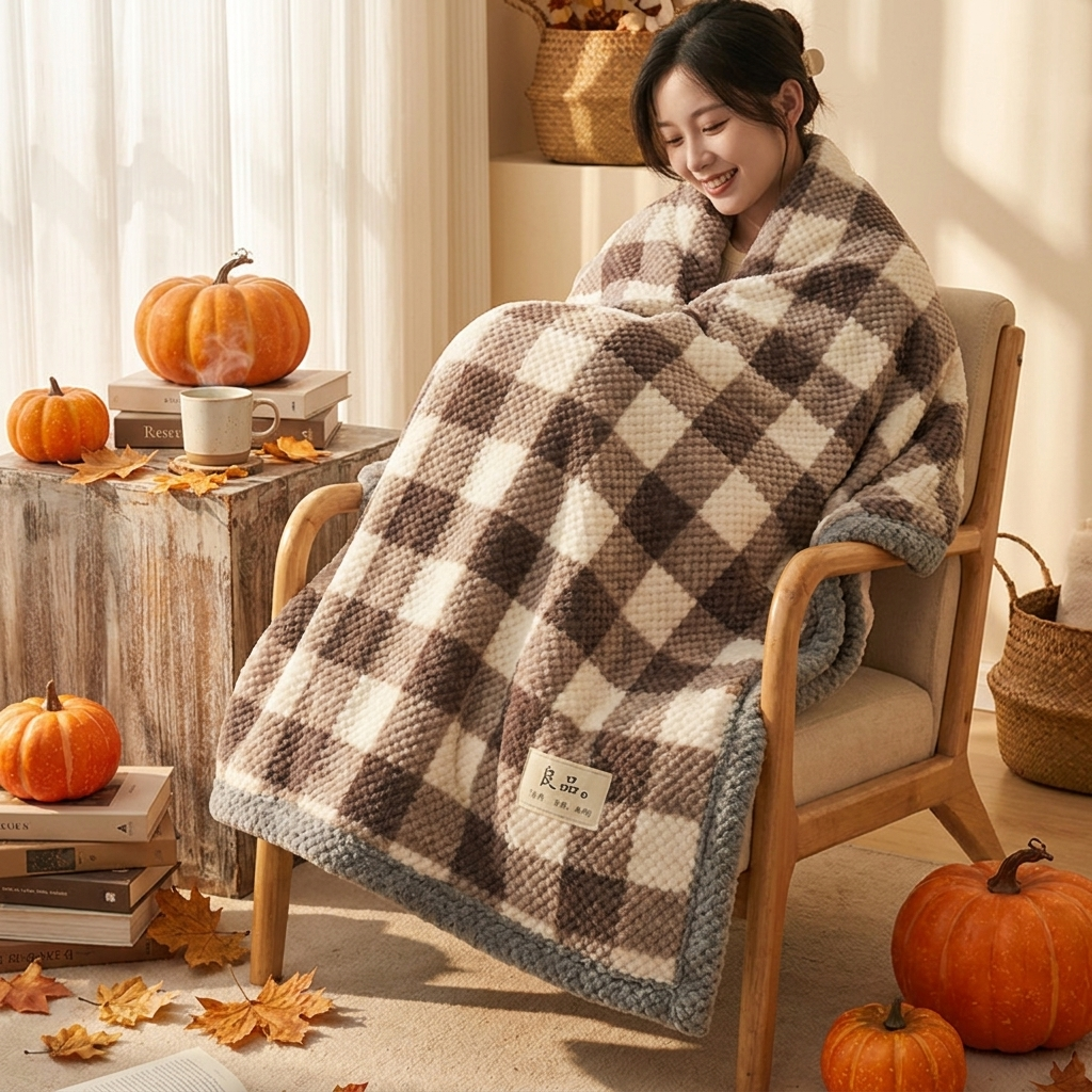 Coffee mid checkered chenille knit throw lifestyle