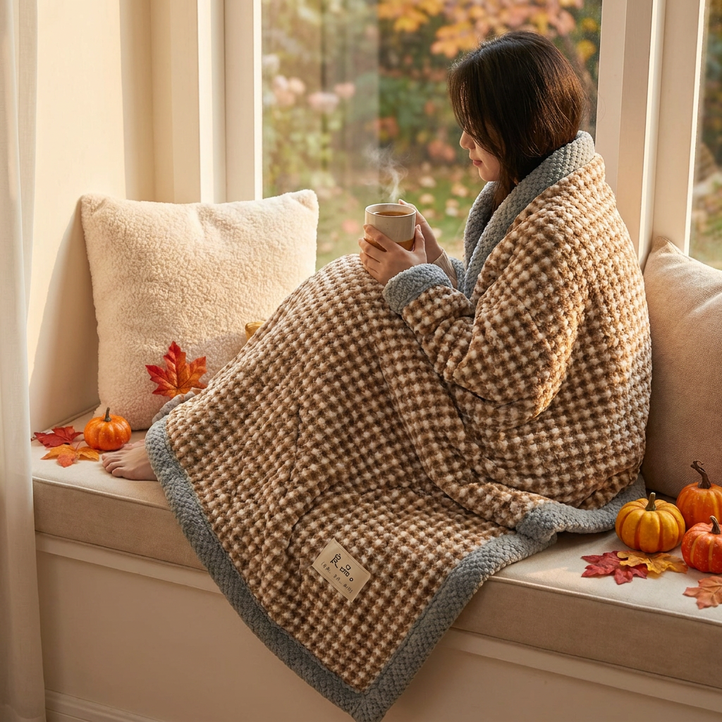 Coffee small checkered chenille knit throw lifestyle