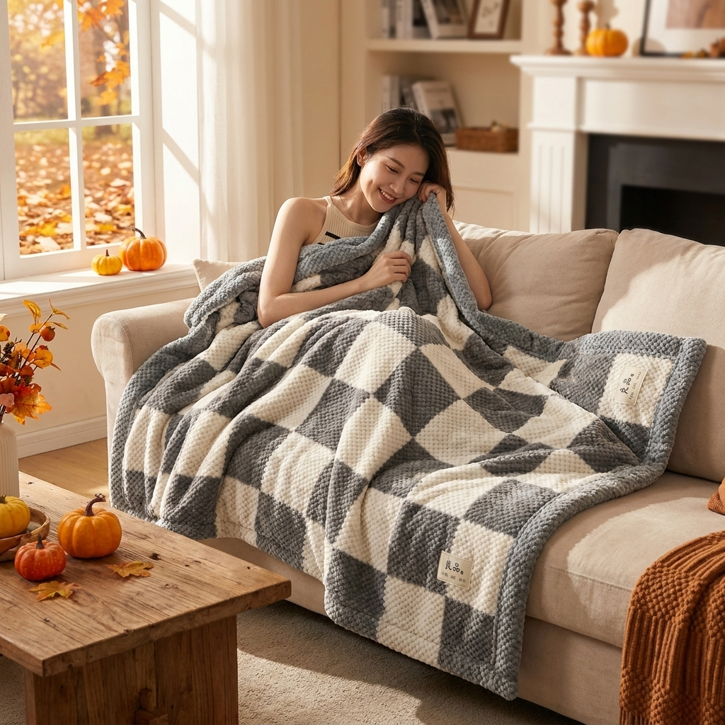 Gray big checkered chenille knit throw lifestyle
