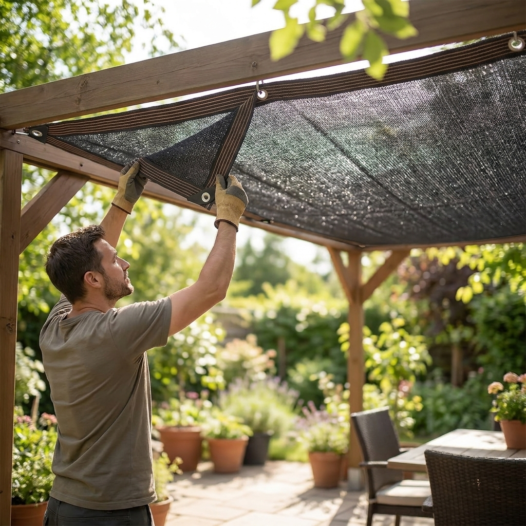 Shade cloth sun net fitted to a pergola