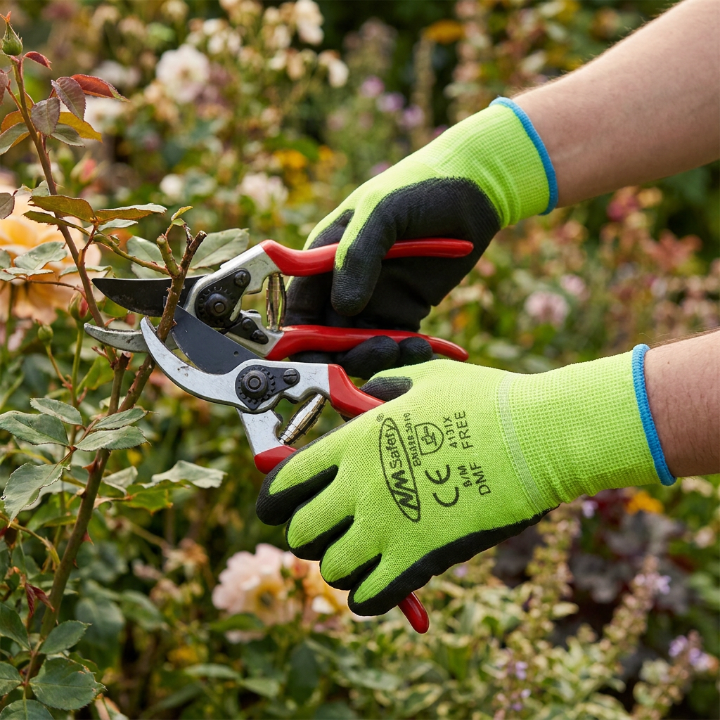 PU coated work gloves in use gardening
