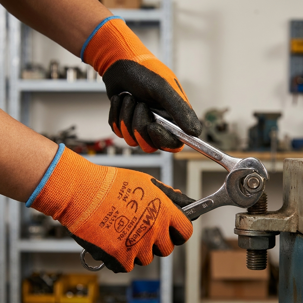 PU coated work gloves orange in use