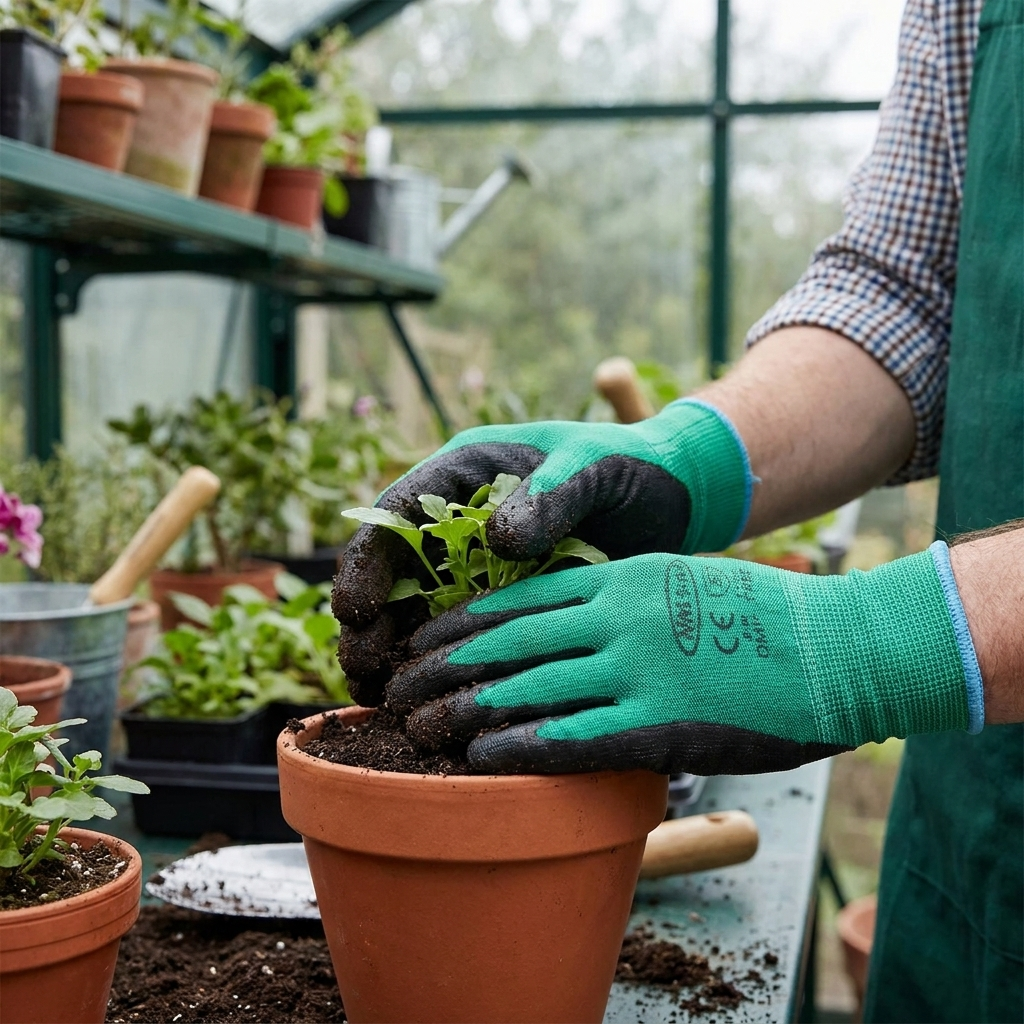 PU coated work gloves green in use