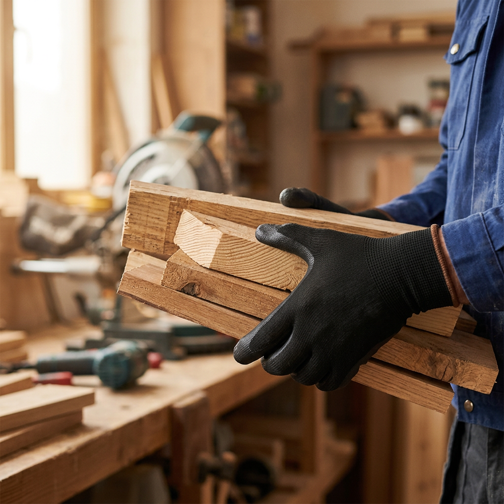 PU coated work gloves black in use