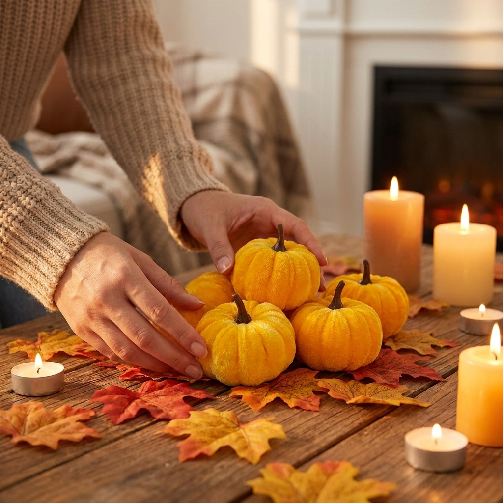Yellow velvet pumpkins 5 pack lifestyle