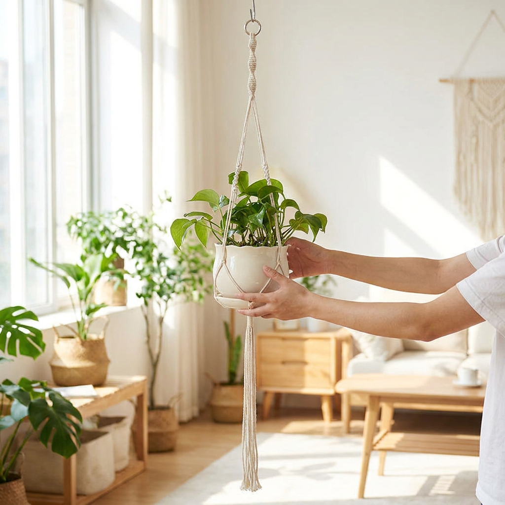 Macrame plant hanger style 2 in use